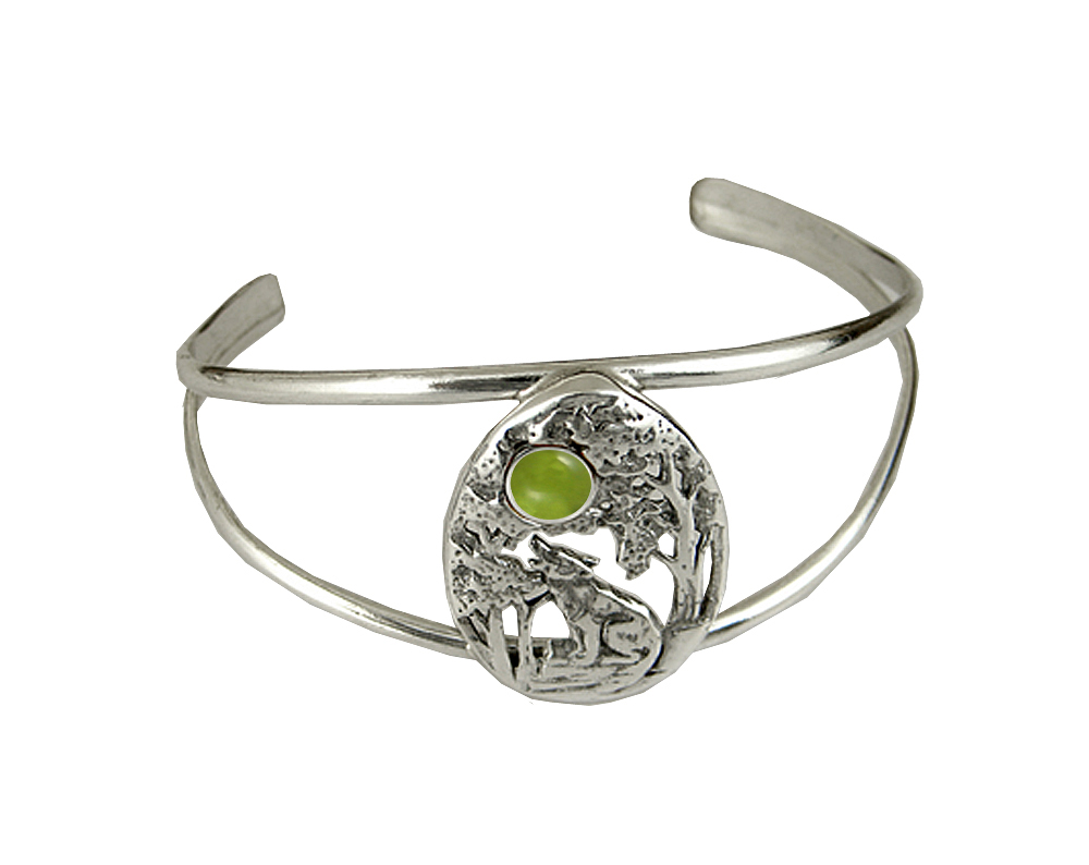 Sterling Silver Howling Wolf Cuff Bracelet With Peridot